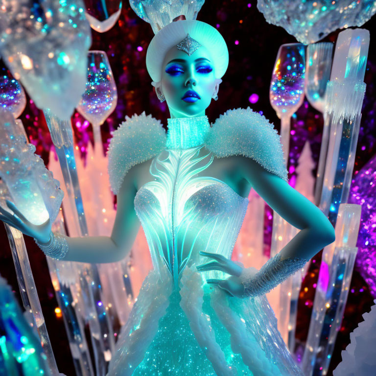 Elaborate White and Icy Blue Costume with Futuristic Hat and Crystal-like Structures