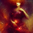 Surreal Woman with Fiery Hair in Cosmic Setting