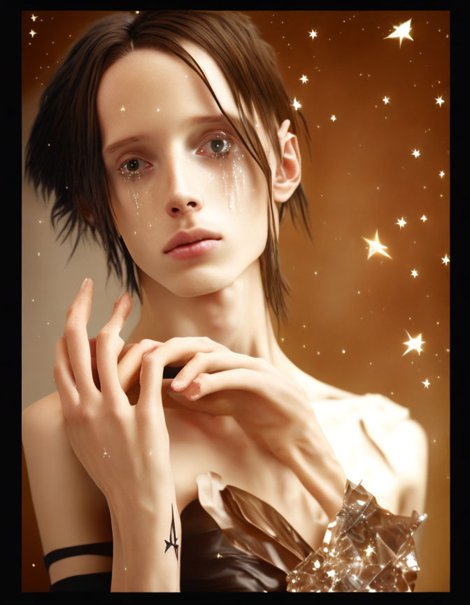 Person with short hair and teary eyes in shimmering garment on brown background with golden stars