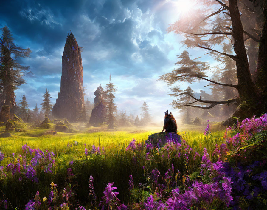 Vibrant fantasy landscape with cat, purple flowers, stone spires, and dramatic sunlight