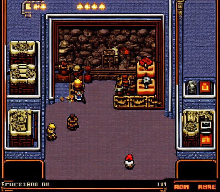 Pixelated Game Scene: Character in Room with Treasure Chests, Crates, and Shopkeeper