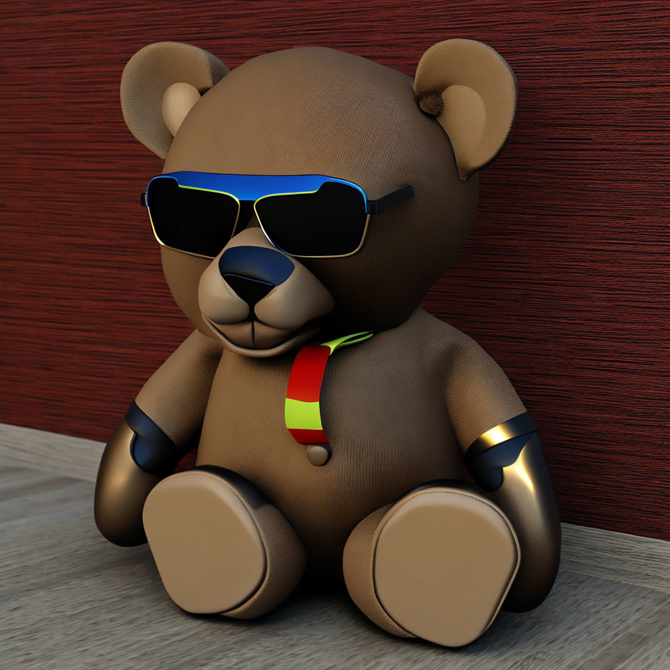 3D-rendered teddy bear with sunglasses and gold chain against wooden wall