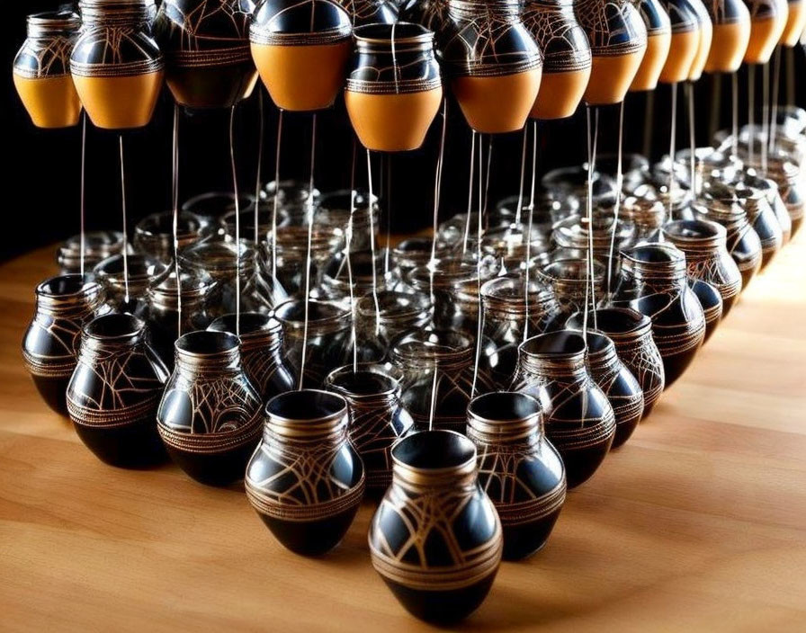 Brown mate gourds with intricate designs suspended above reflections on shiny surface