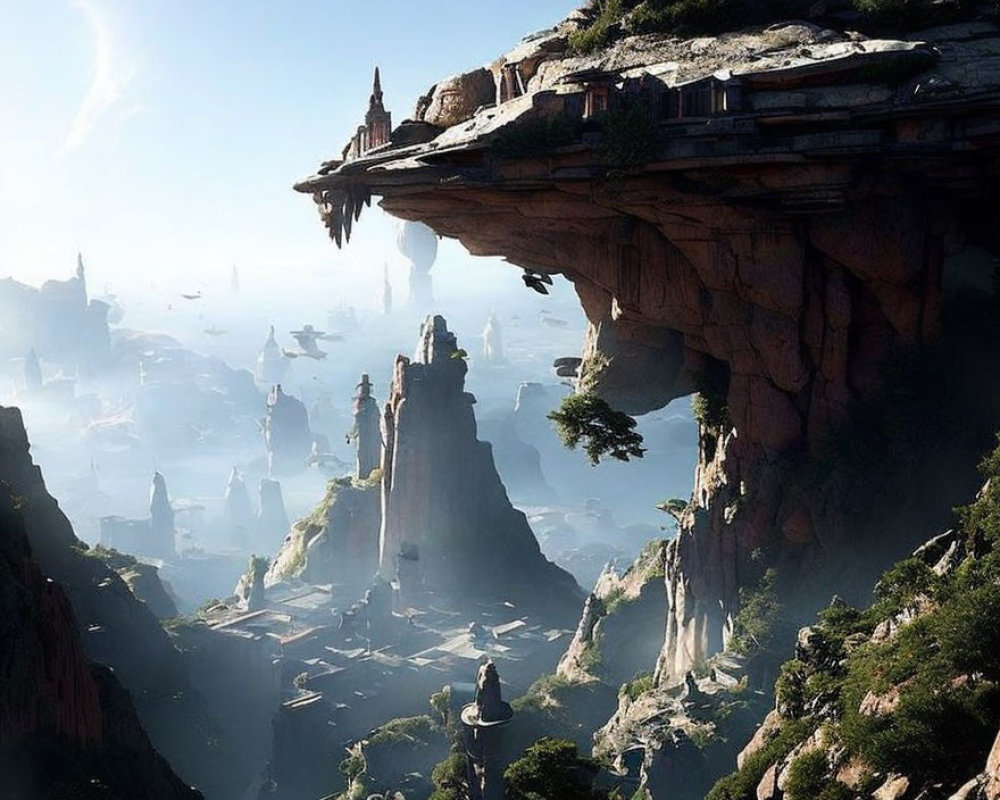 Mystical landscape with towering rock formations and cliff-side building overlooking misty valleys