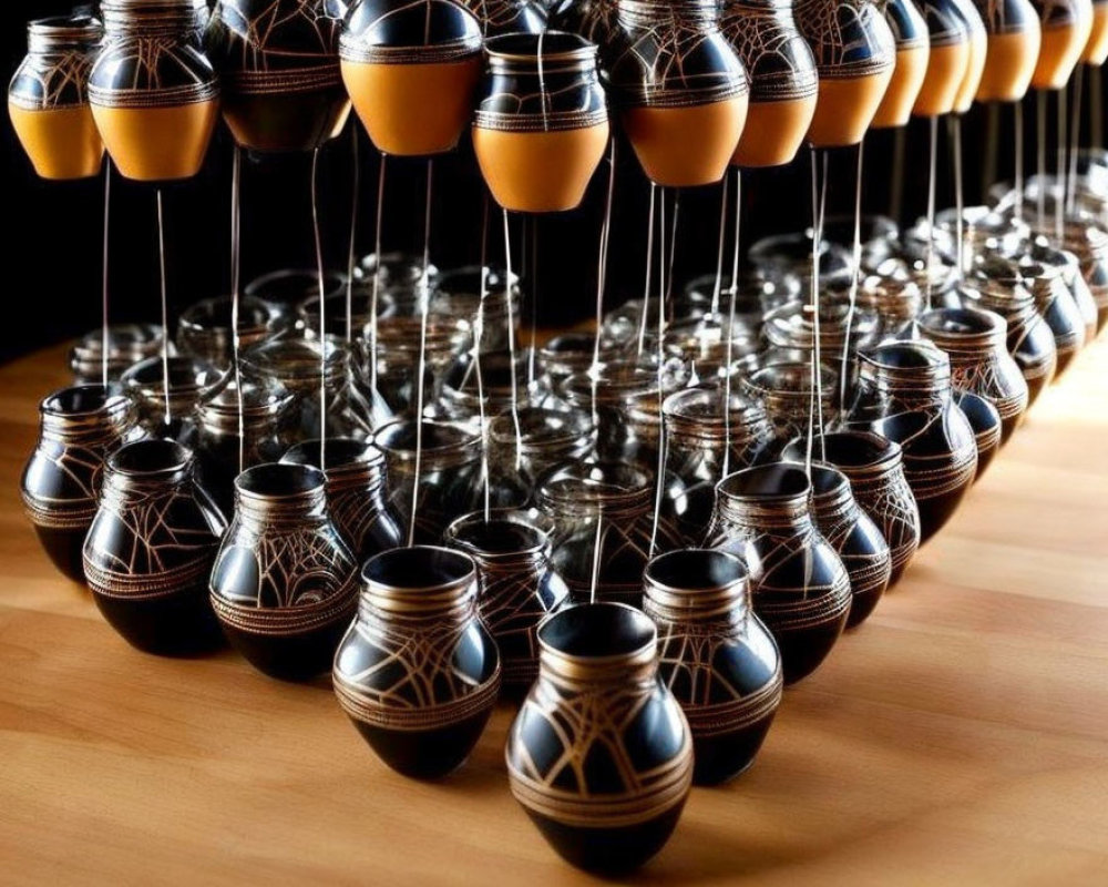 Brown mate gourds with intricate designs suspended above reflections on shiny surface