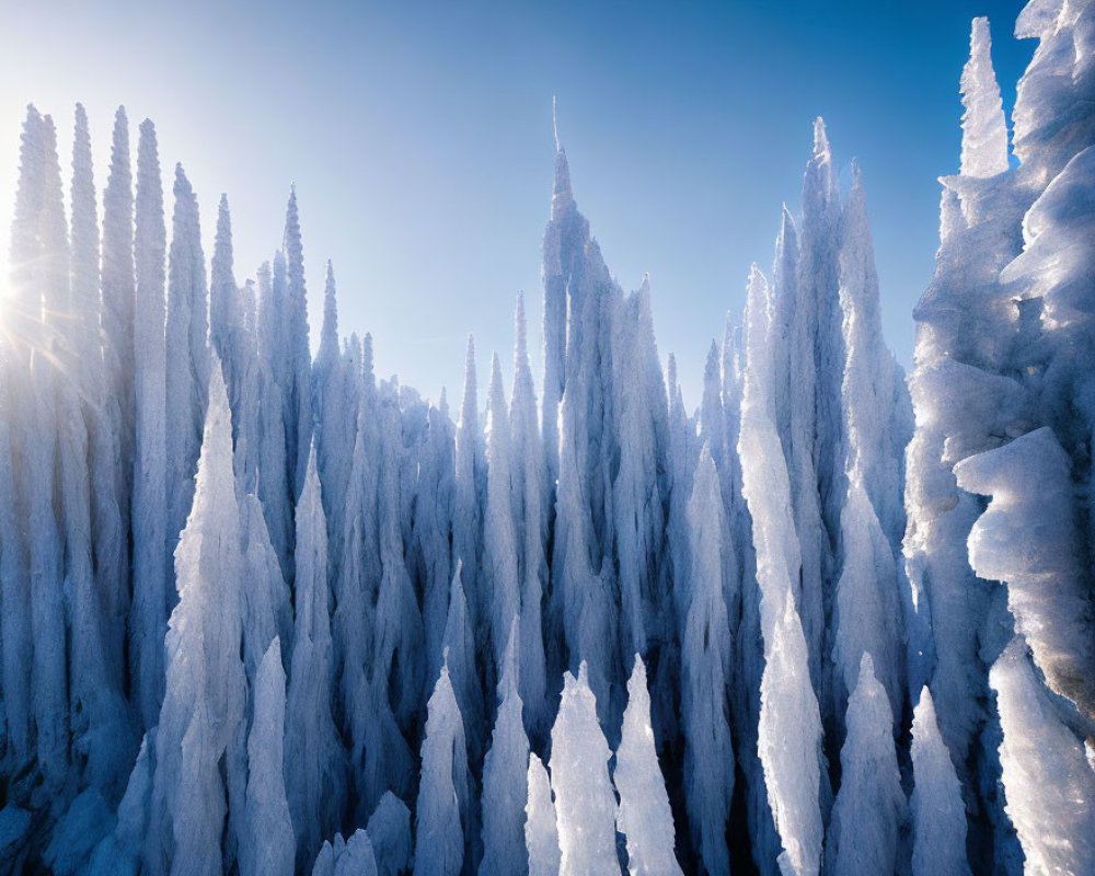 Snow-covered trees in mystical landscape under sunlight