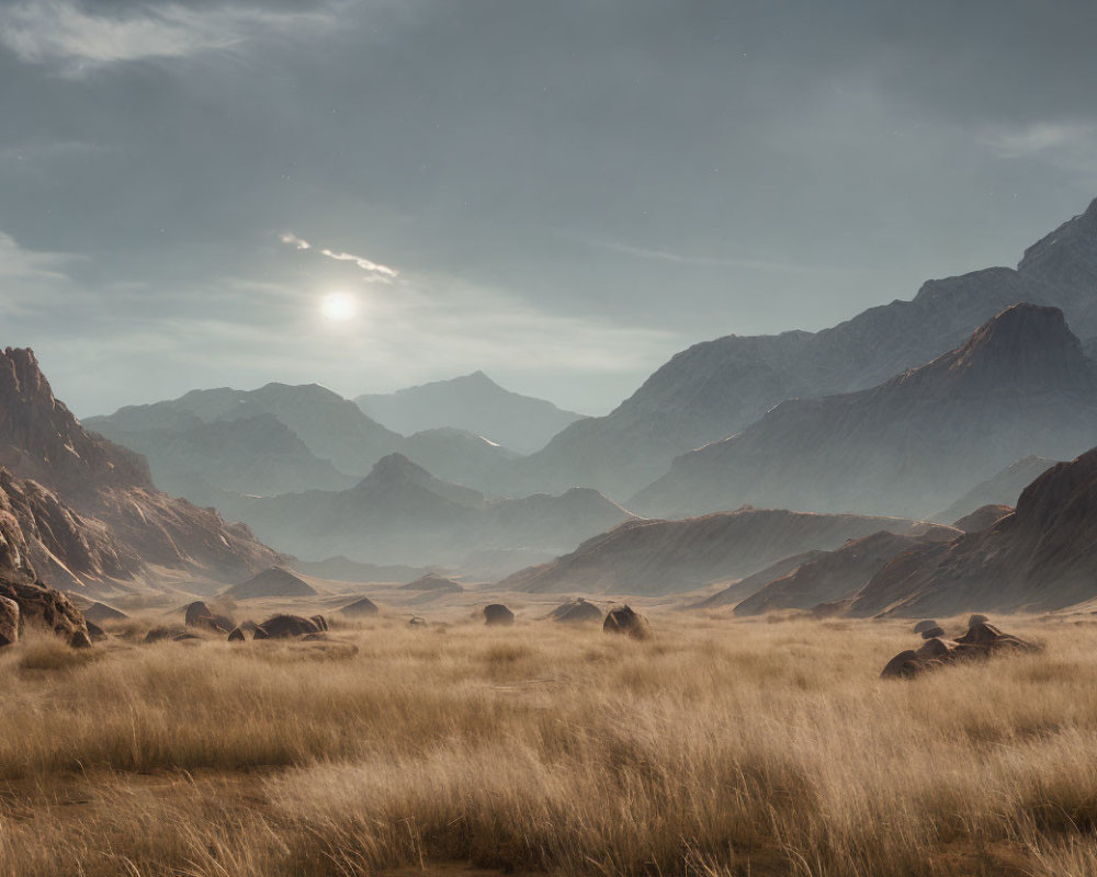 Sunlit hazy sky over rocky mountains and dry grass field