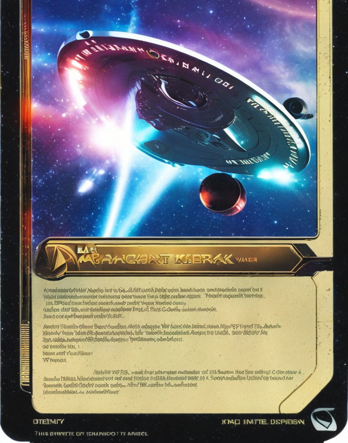 Spaceship-themed collectible card with cosmic starfield background and decorative text borders.