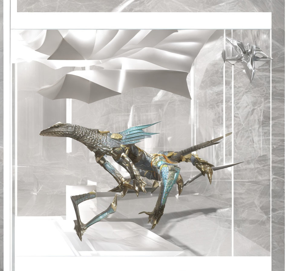 Metallic dragon-like creature in abstract environment with geometric shapes