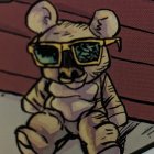 3D-rendered teddy bear with sunglasses and gold chain against wooden wall