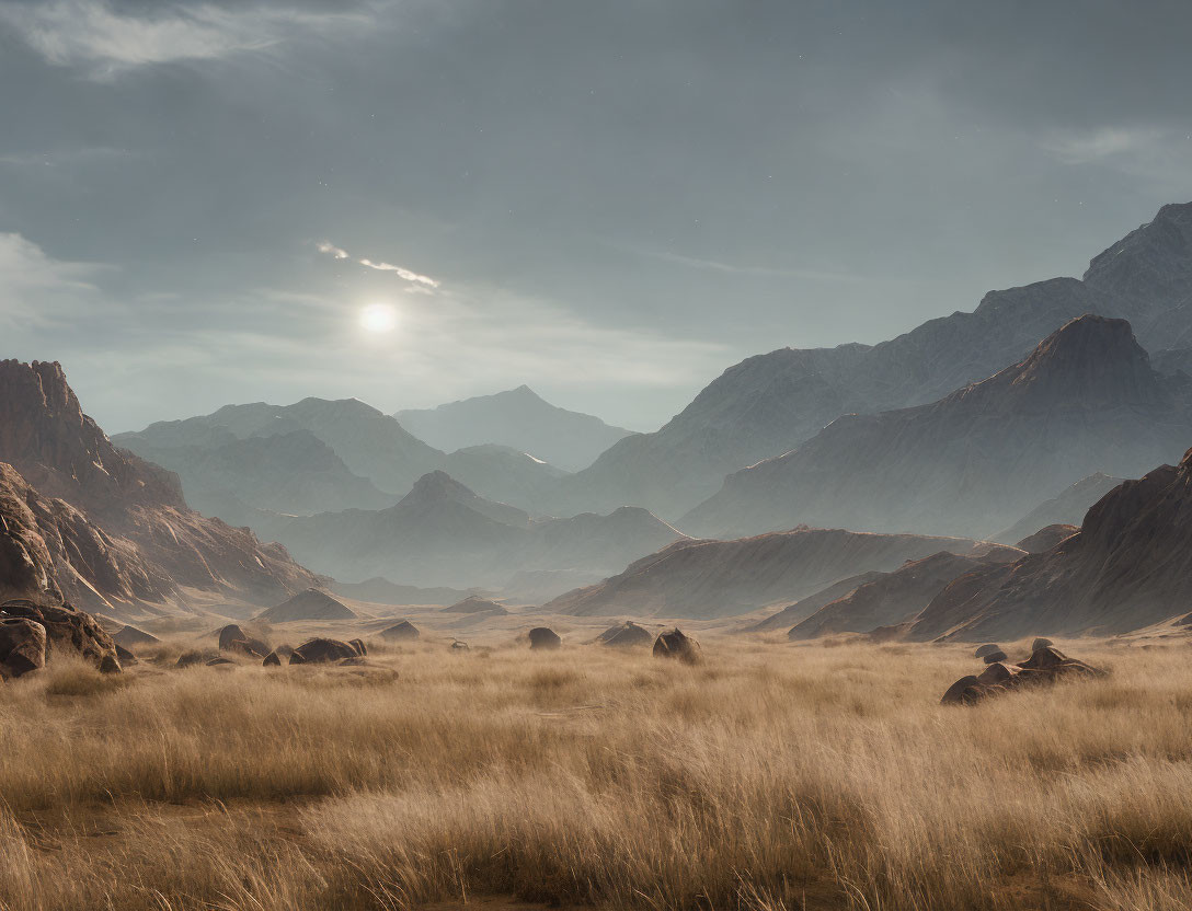 Sunlit hazy sky over rocky mountains and dry grass field