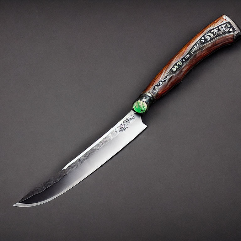 Curved Etched Blade Knife with Wooden Handle and Green Gemstone