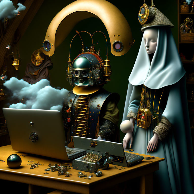 Steampunk-themed scene with robotic figure and cloaked person in dark room