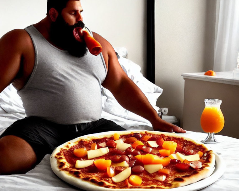 Man eating giant pepperoni pizza on bed with orange juice.