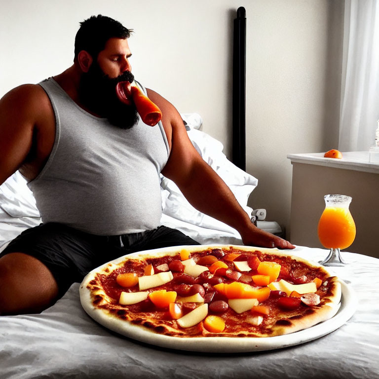 Man eating giant pepperoni pizza on bed with orange juice.