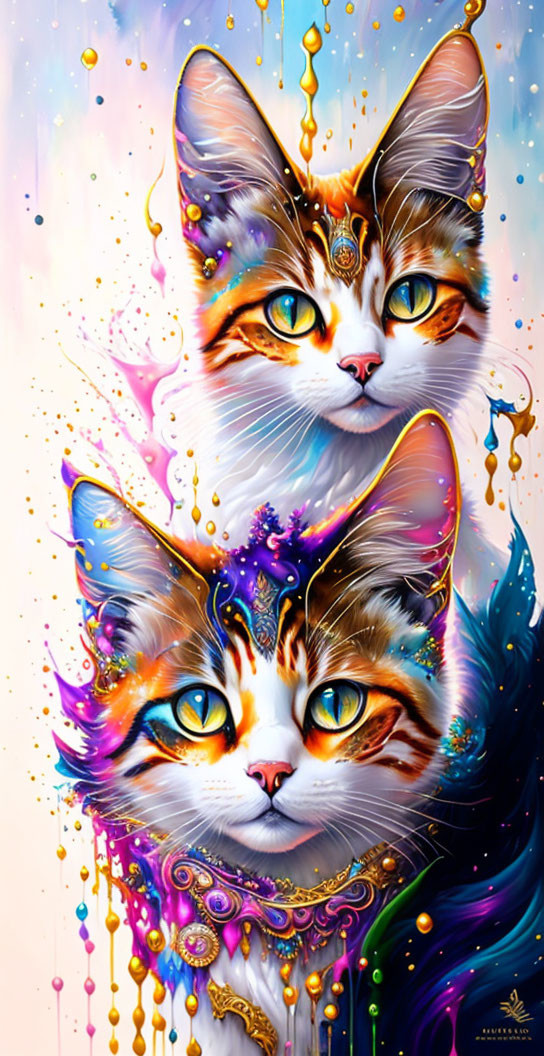 Colorful Fantastical Cats Artwork with Intricate Patterns