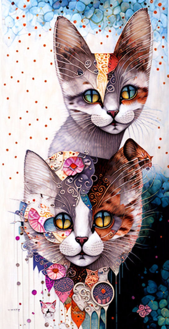 Vibrant painting of two cats with colorful patterns on abstract background