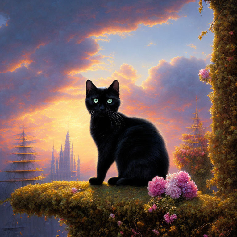 Black cat with green eyes on ledge with pink flowers in fantastical landscape