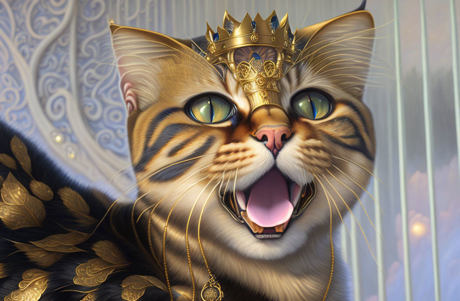 Regal cat wearing golden crown and jewelry on blue background