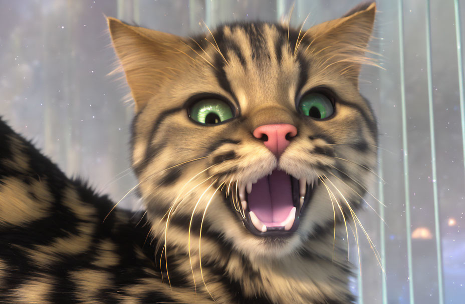 3D-animated cat with striped fur in shock with wide green eyes