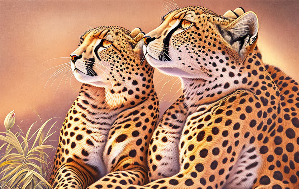 Two Cheetahs Sitting Together in Savannah Setting