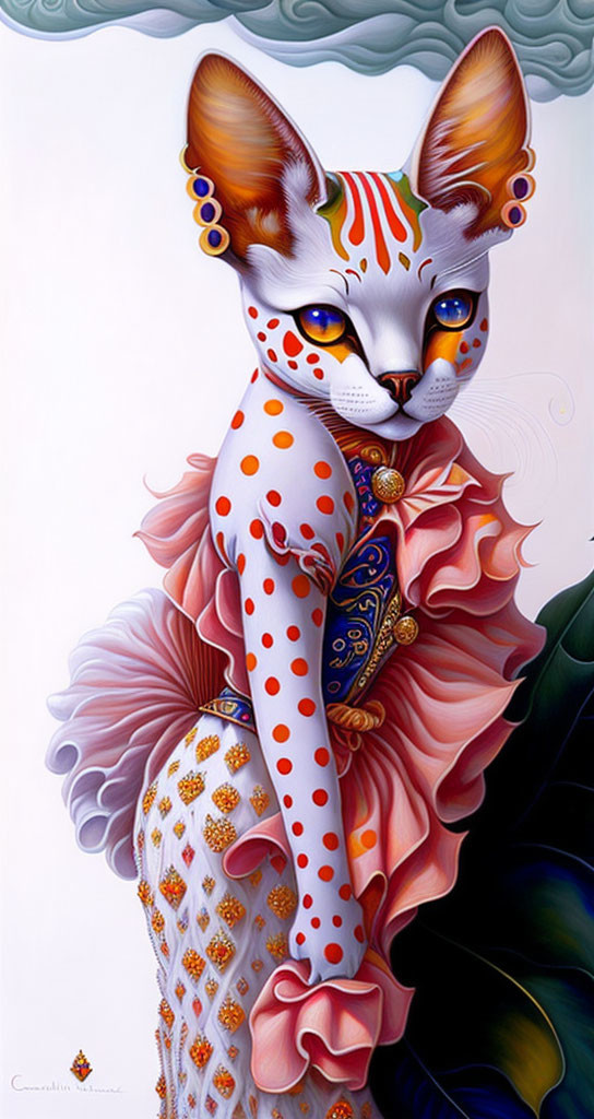 Anthropomorphic cat in polka-dot garment with gold accents on soft background