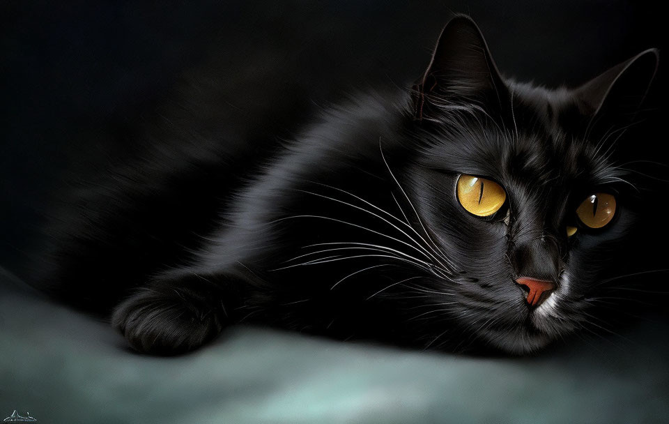 Striking yellow-eyed black cat resting against dark background