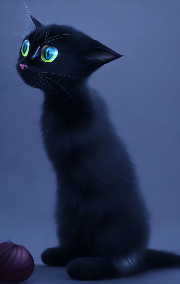 Black Cat with Green Eyes and Pink Nose Beside Purple Yarn Ball