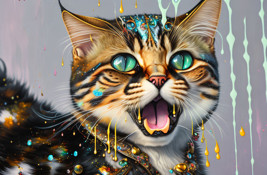 Colorful surreal cat digital artwork with green eyes & jewel-like details