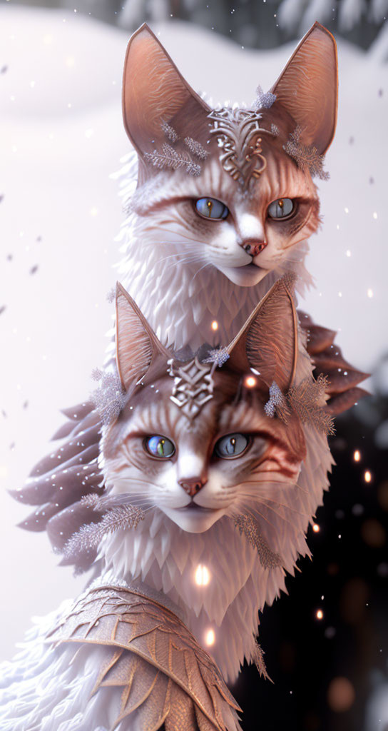 Fantasy cats with silver headpieces in snowy setting