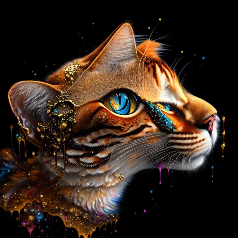 Fantastical Cat Digital Artwork with Golden Melting Texture and Vibrant Blue Eyes