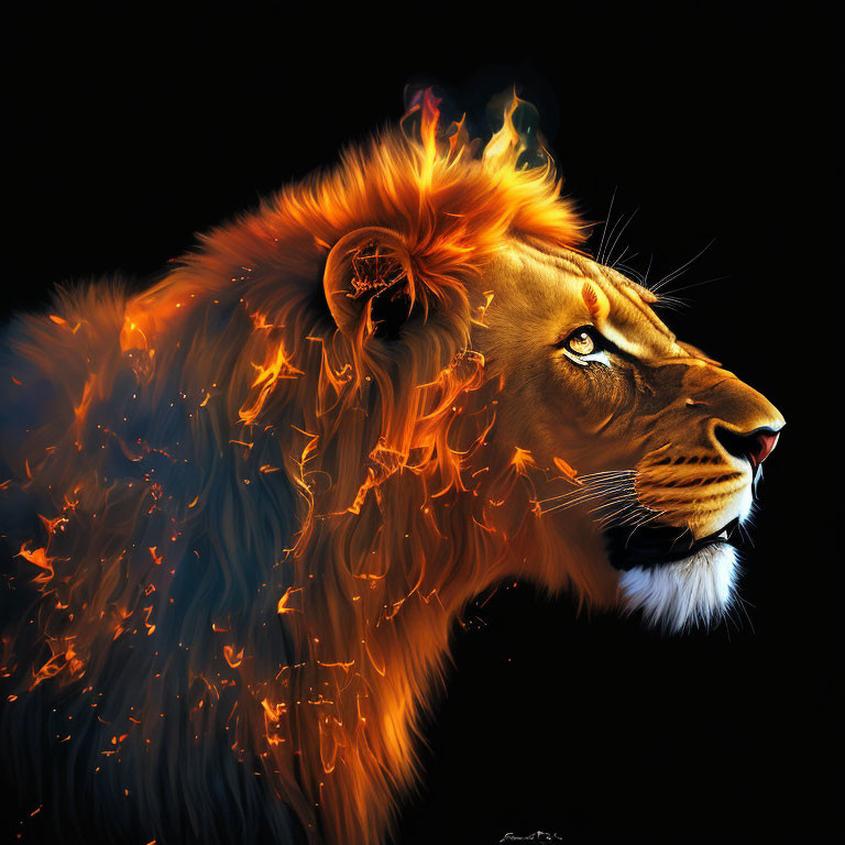 Vibrant flame mane lion digital artwork on dark background