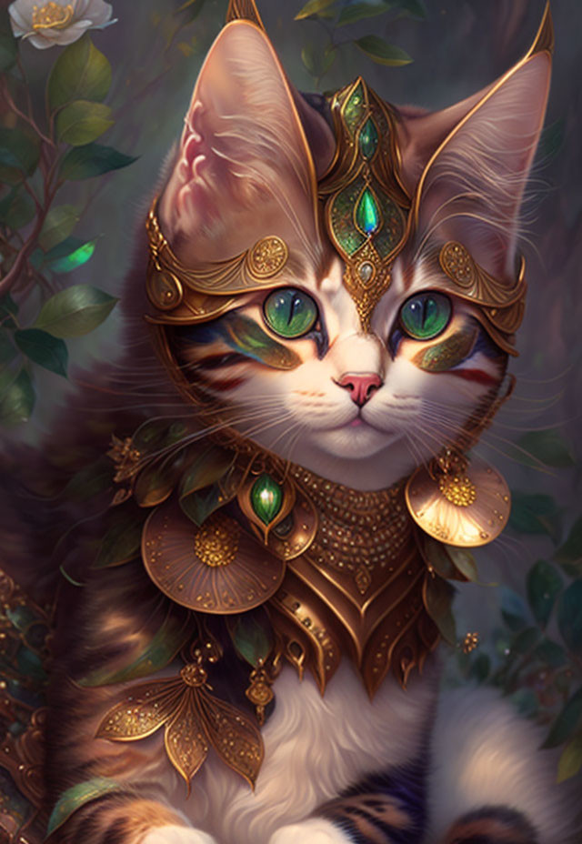 Golden-armored cat surrounded by foliage and jewels.