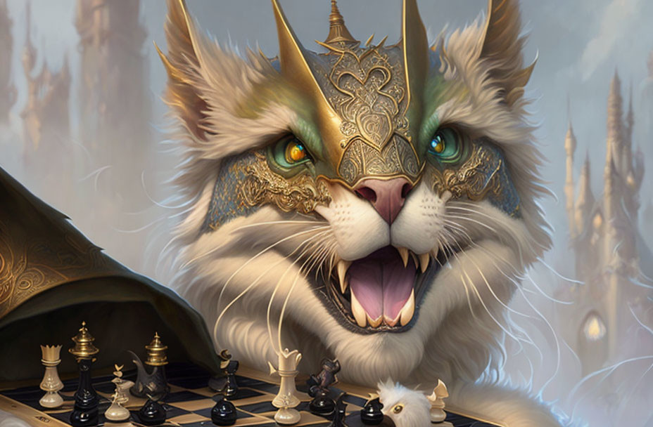 Regal fantasy cat in golden armor mask at chessboard with castle background