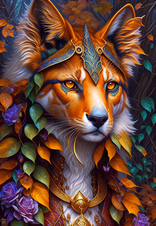 Colorful Illustration: Regal Fox in Ornate Golden Armor