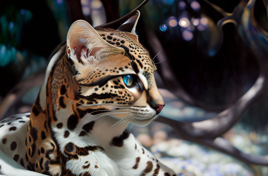 Close-Up of Ocelot with Spotted Fur and Blue Eyes