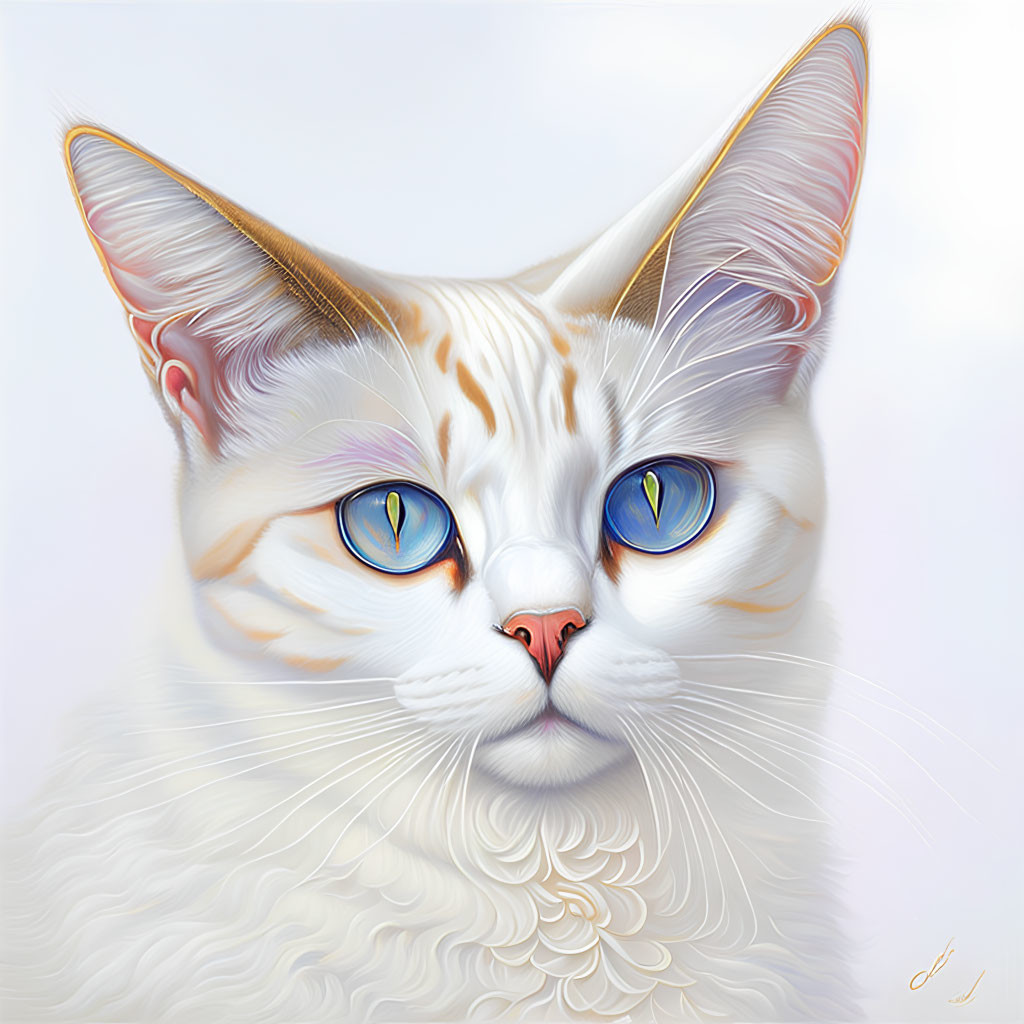 White and Orange Cat Digital Illustration with Blue Eyes and Fur Textures