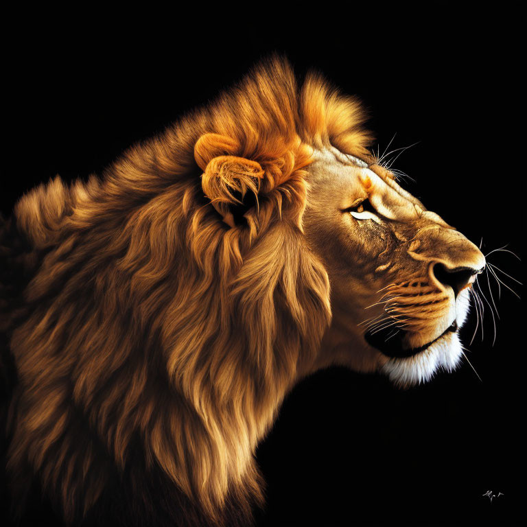 Detailed side-profile portrait of majestic lion with rich mane on black background