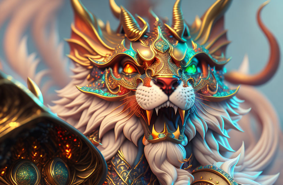 Colorful Digital Artwork: Ornate Mythical Lion with Golden Mane & Armor