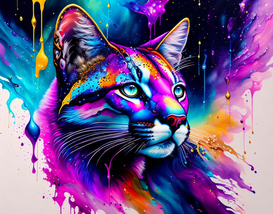 Colorful Feline Artwork with Bright Paint Splashes and Cosmic Theme