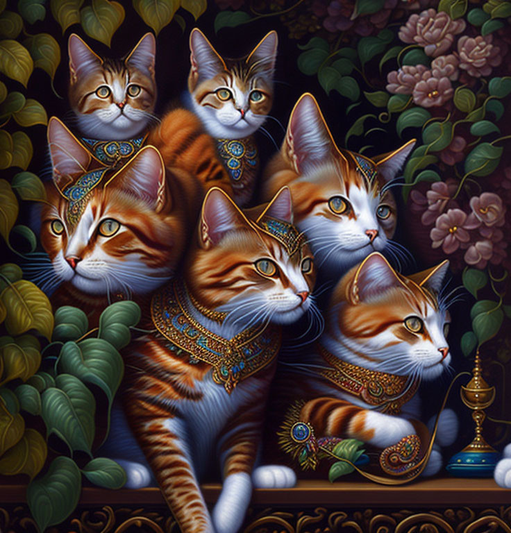 Five Cats with Ornate Collars Among Lush Foliage and Flowers