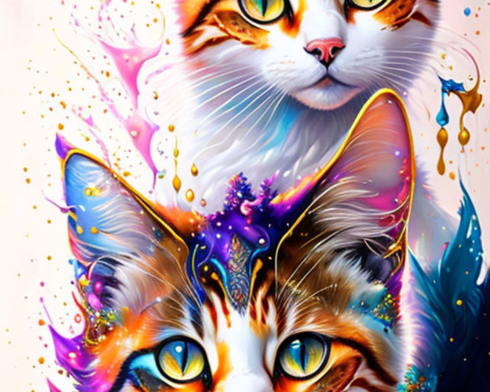 Colorful Fantastical Cats Artwork with Intricate Patterns