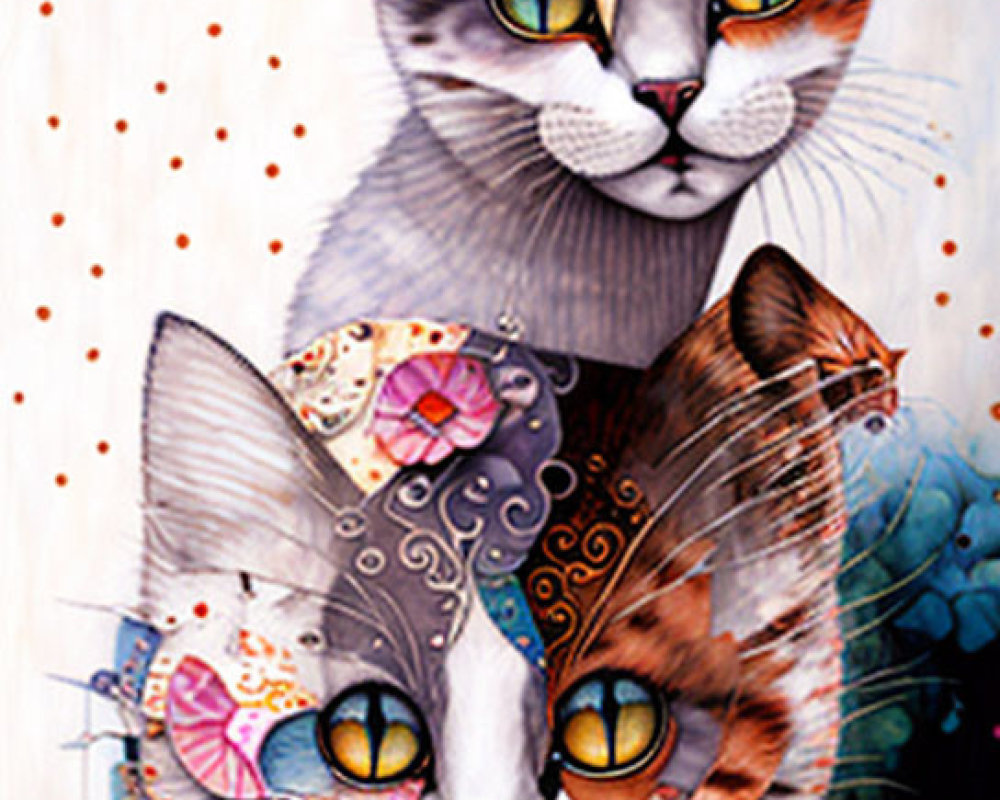 Vibrant painting of two cats with colorful patterns on abstract background