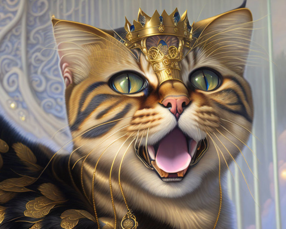 Regal cat wearing golden crown and jewelry on blue background