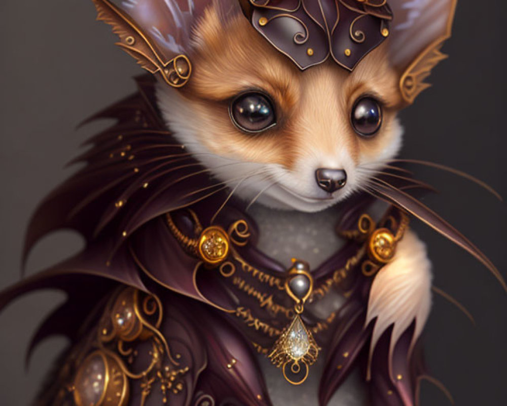 Anthropomorphic corgi in regal crown and golden armor with expressive eyes