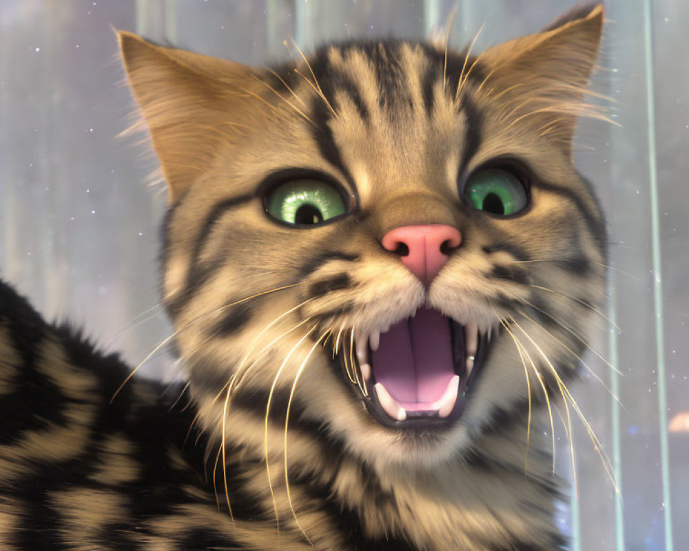 3D-animated cat with striped fur in shock with wide green eyes