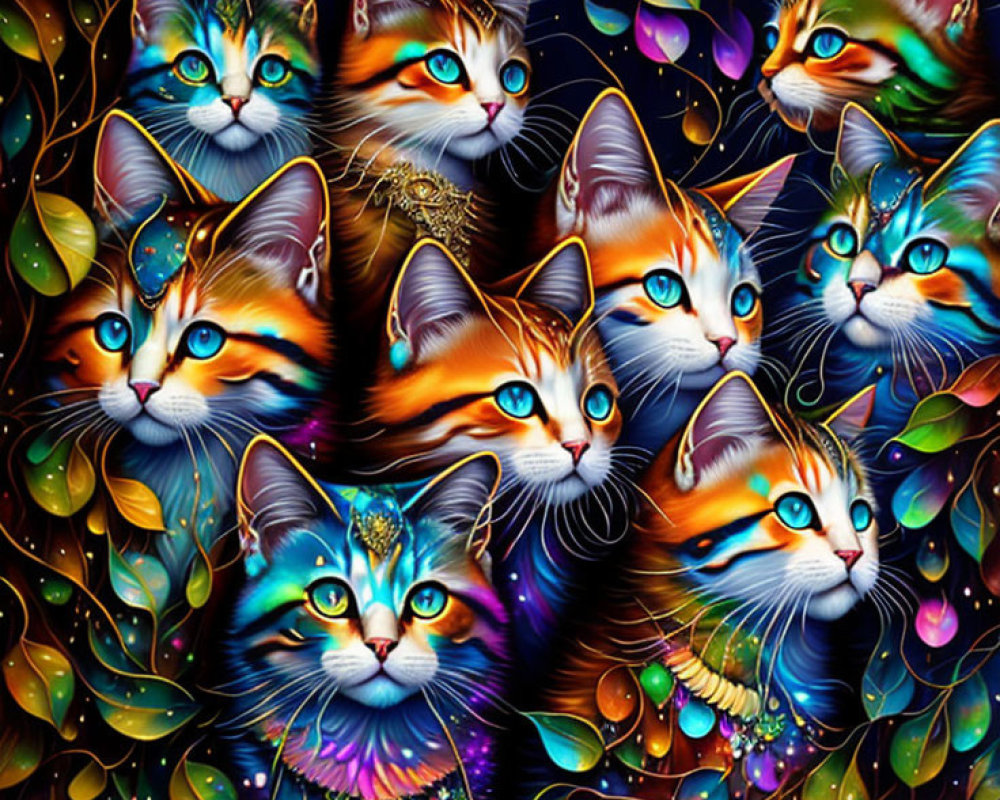 Colorful Stylized Cats with Blue Eyes Among Whimsical Leaves