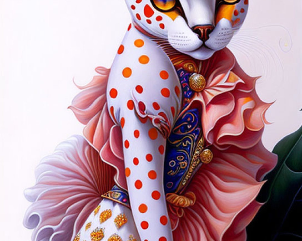 Anthropomorphic cat in polka-dot garment with gold accents on soft background