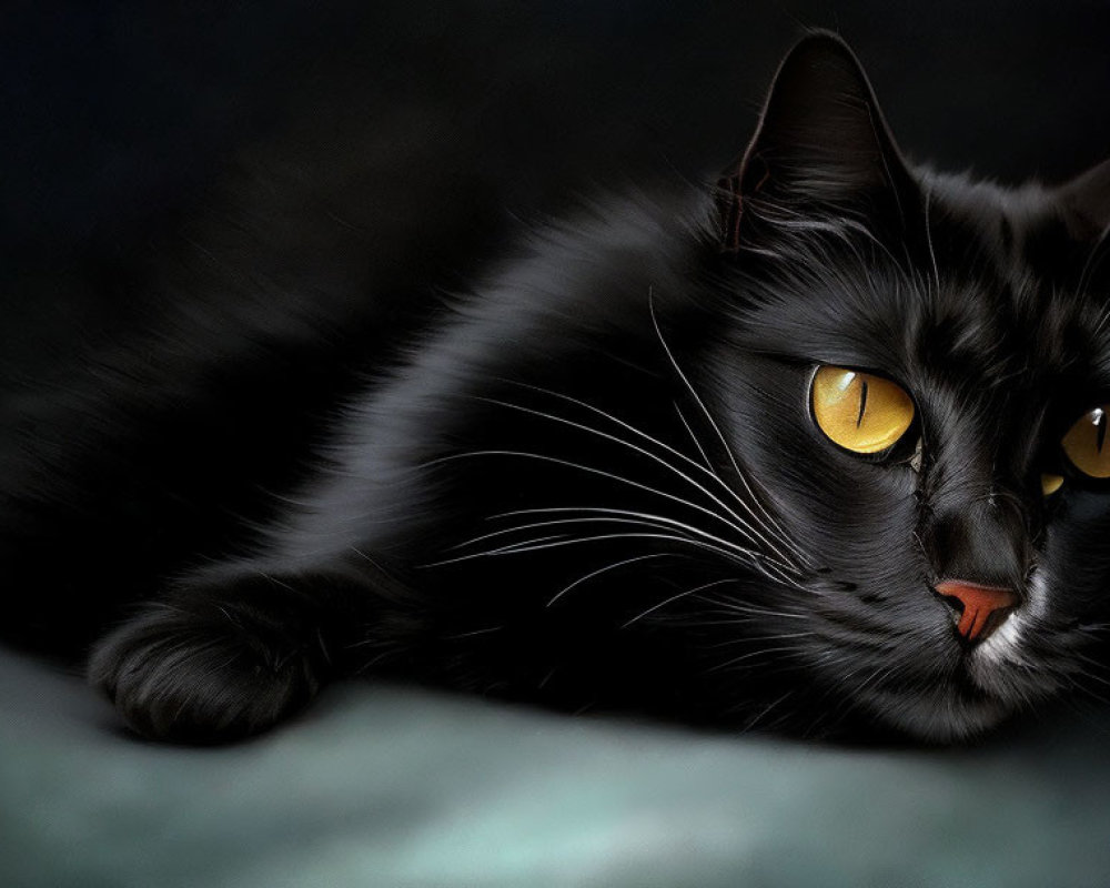 Striking yellow-eyed black cat resting against dark background