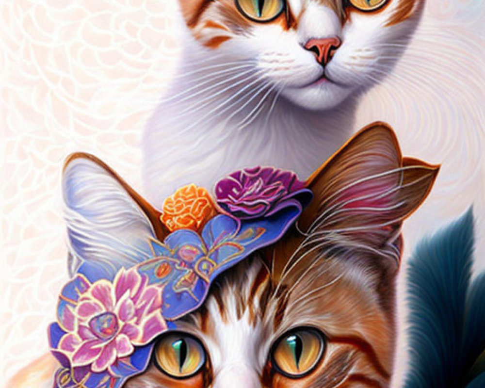 Stylized elegant cats with amber eyes in floral hat and jewelry on pastel background